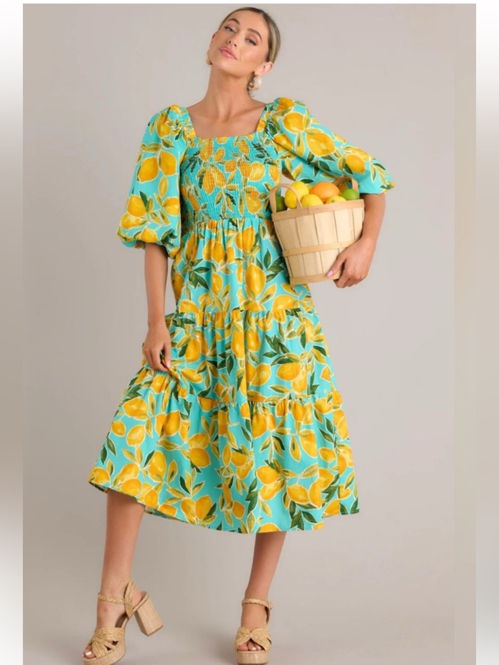 VICI Feeling Zesty Aqua Lemon Print Midi Dress